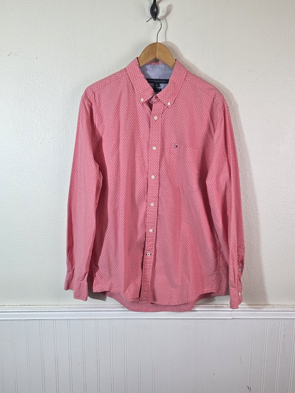 Tommy Hilfiger Men L Classic Fit Pink Red Micro Square Button Down Shirt Cotton